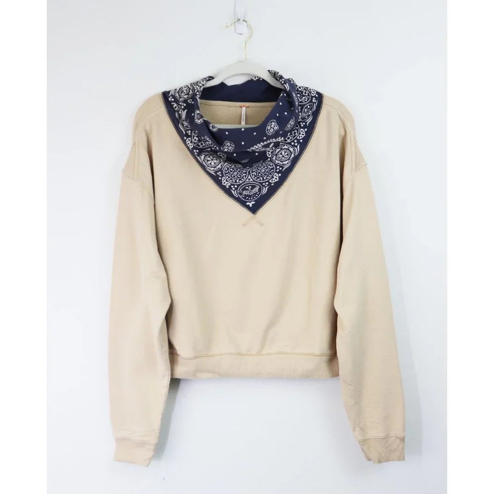 NWT Free People James Bandana Print Pullover Sweatshirt Ecru Ivory Navy Medium - Picture 5 of 11